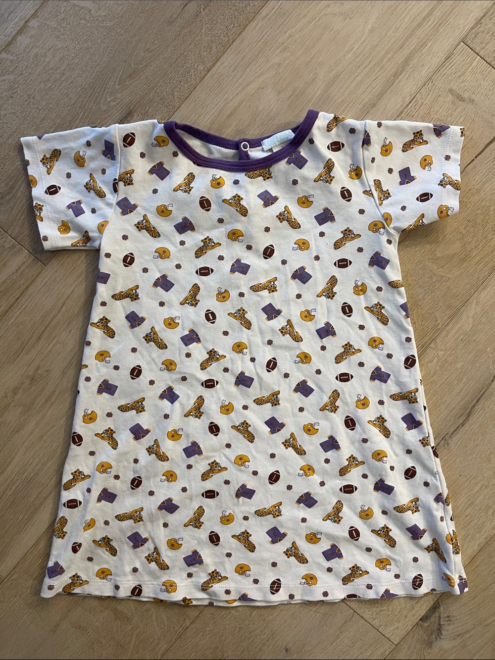 LSU Girls White Short-Sleeve Football Print Dress with Purple Trim